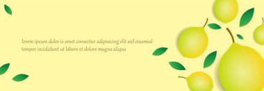 Sarı limon ve yeşil yaprak desenli sarı arkaplan şablonu. Afişler, tebrik kartları ve grafik tasarım amaçları şeklinde promosyon tasarımı. Basit ve eşsiz modern arkaplan