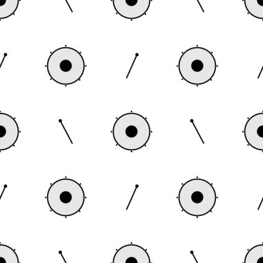 Kusursuz desenli davul ve sopa soyut tasarımı. Beyaz izole. Arka plan müzik tasarımı, duvar kağıdı, arka plan, kapak ve grafik tasarımı. vektör illüstrasyonu.