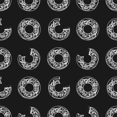 Kusursuz desenli donutlar, çizgili kek tasarımı. Siyah arka plan. Duvar kağıdı, arkaplan, kapak, satış, dükkan ve grafik tasarımı için gıda tasarımı. vektör illüstrasyonu