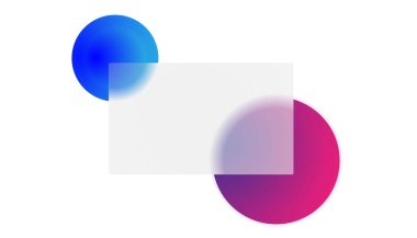 Cam morfizm tarzında vektör tasarımı. Beyaz arka planda, mor ve mavi daireli saydam kart büyüklüğünde bir kutu. Mesaj için cam kart kutusu. modern arkaplan şablonları