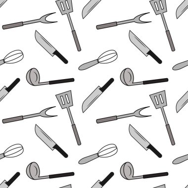 Duvar kağıtları ve basılmış kumaş desenli bıçakların, çatalların, kaşıkların ve spatulaların tasarımı. Doku koyu gri. Beyaz arka plan. Mutfak için, yemek aletleri, ikonlar, yemekler için.