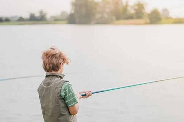 Boy Fishing Rod Fishes Lake River Sea Rear View — Foto Stock