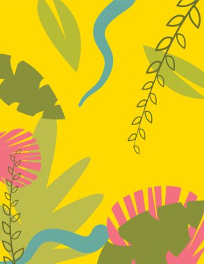 Kartpostallar için tropikal yapraklar afişler ve yayınlar için arka planlar olan güzel bir arka plan. Vektör grafikleri. Sarı arka planda yeşil yapraklar. EPS illüstrasyonu.