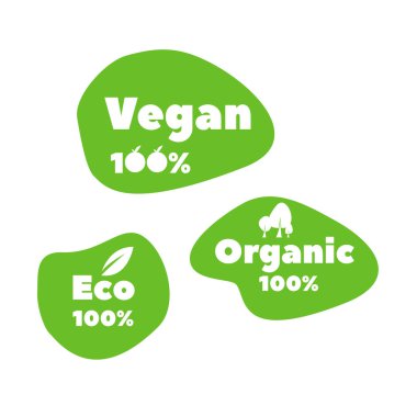 Vegan, çevre ve organik EPS seti. % 100 kalite ve bitki bazlı. Bitki bazlı pazar ve ürün simgeleri belirlendi. Yeşil arkaplan ve yaprak ekolojik ürünün simgesi olarak.