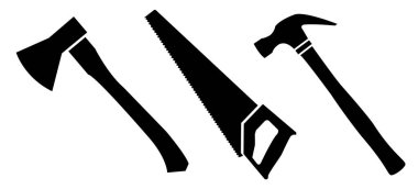 Siyah ve beyaz taşıyıcı çilingir aletleri yapı ve onarım için: balta, testere, çekiç