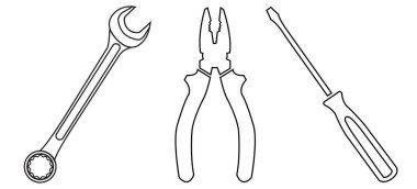 Siyah ve beyaz vektör çilingir araçları: kerpeten, anahtar, tornavida