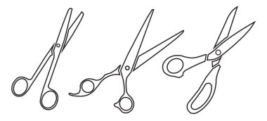 Siyah ve beyaz makas simgelerinden oluşan vektör seti. Görüntü izole, gruplandırılmış ve şeffaf. Elementler ayrıldı..