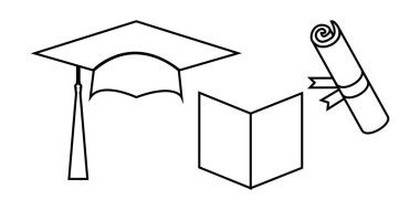 Vektör İllüstrasyon Mezuniyeti, mezuniyet şapkası, şapka ve diploma beyaz arka planda izole edildi