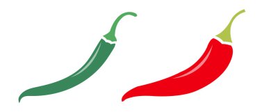 Kırmızı biber seti. Sebze: Keskin kırmızı ve yeşil biber. Düz minimalizm tarzında sıcak biber betimlemesi, izole edilmiş..