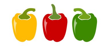 Biber seti. Sebzeler: Kırmızı, sarı, yeşil biber. Düz minimalizm tarzında biberli gıdanın izole bir illüstrasyonu.