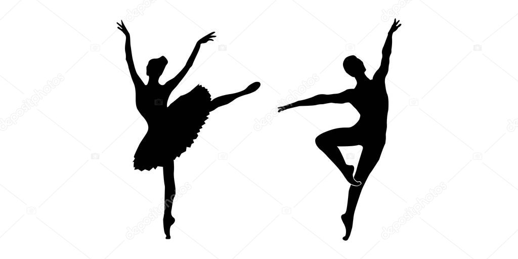 Vector drawing ballerina and balerun in dance. Black silhouette of dancers. Illustration isolated on white background.