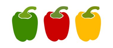 Biber seti. Sebzeler: Kırmızı, sarı, yeşil biber. Düz minimalizm tarzında biberli gıdanın izole bir illüstrasyonu.