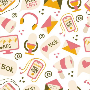 Podcast kusursuz desen. Podcast ögeleri, kulaklıklar, konuşma baloncukları, mikrofon ile el çizimi vektör çizimi baskısı
