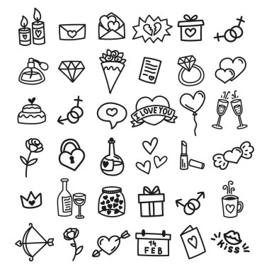 Renkli El Çizimi Sevgi ve Sevgililer Günü Simgeleri Seti - Çizilmiş Çizimler Koleksiyonu