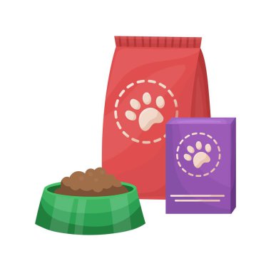 Pet food. Food for cats and dogs. Bowl and packaging. Vector flat illustration. clipart