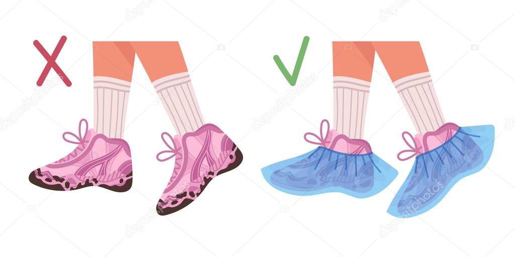 Illustration of dirty shoes and shoes with medical covers. Vector flat illustration.