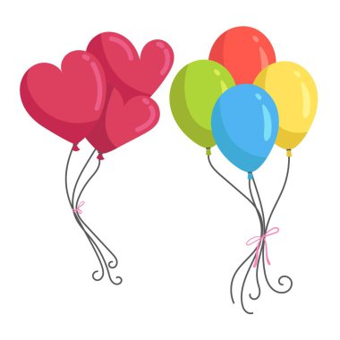 Beyaz arka planda izole edilmiş kalp şeklinde balonlar ve balonlar etrafında renkli kutlamalar. Vektör illüstrasyonu.