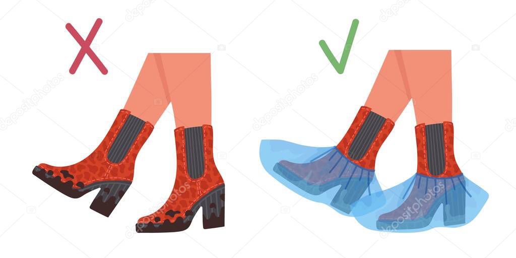 Illustration of dirty shoes and shoes with medical covers. Vector flat illustration