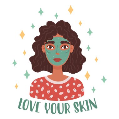 Kozmetik maskeli mutlu genç bir kadının portresi. Gülümseyen siyah kıvırcık kız mesajlarının Avatar 'ı. Cildine bayıldım. Düz çizgi film vektör çizimi.