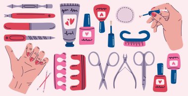 Manikür aletleri seti. Pedikür ekipmanları. Vektör aktarımı.