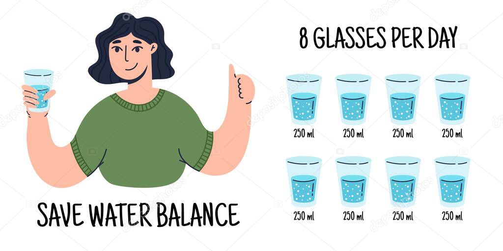 Happy girl showing positive gestures with glass of water. Water balance tracker. 8 glasses per day. Colored flat vector illustration isolated on white background