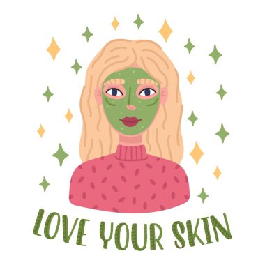 Kozmetik maskeli mutlu genç bir kadının portresi. Gülümseyen sarışın kızın Avatar 'ı. Cilt mesajına bayıldım. Düz çizgi film vektör çizimi