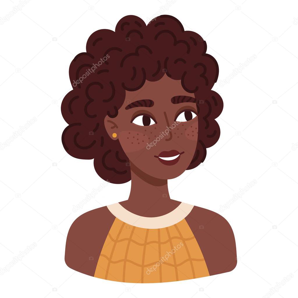 Portrait of cute happy young woman. Avatar of smiling black curly girl with afro haircut. Flat cartoon vector illustration.