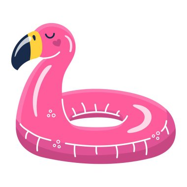 Çocuklar ve yetişkinler için flamingo şeklinde şişirilebilir yüzme halkası. Beyaz arkaplanda vektör illüstrasyonu
