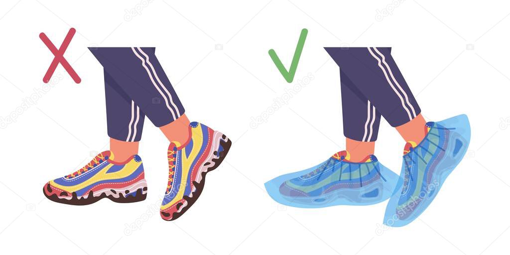 Illustration of dirty shoes and shoes with medical covers. Vector flat illustration.