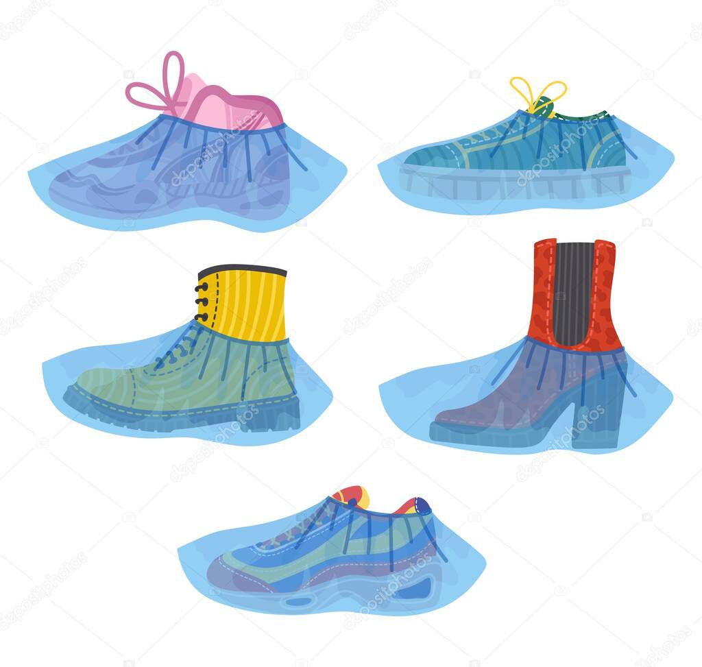 Set of shoes with medical covers. Trendy boots. Vector flat illustration.
