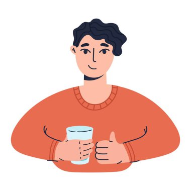 Mutlu çocuk bir bardak suyla pozitif jestler gösteriyor. Su dengesi. Beyaz arkaplanda izole edilmiş renkli düz vektör çizimi