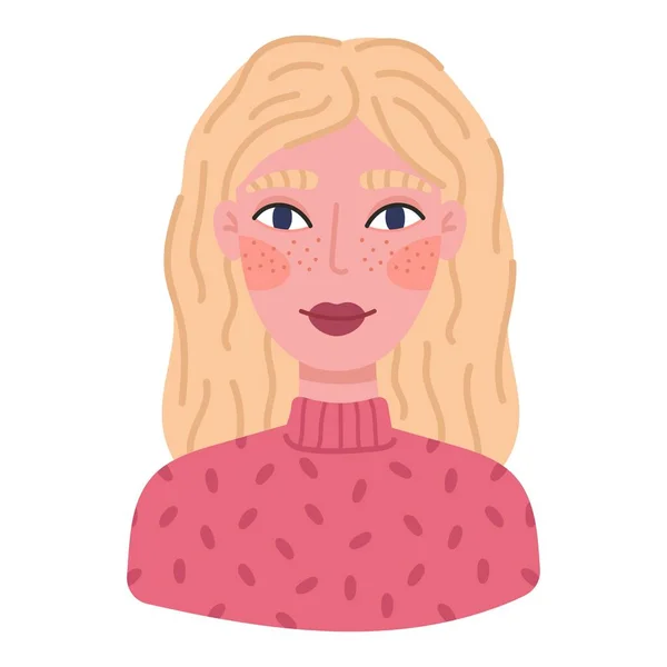 Retrato de una linda joven feliz. Avatar de chica rubia sonriente con el pelo largo. ilustración plana vector de dibujos animados. — Archivo Imágenes Vectoriales