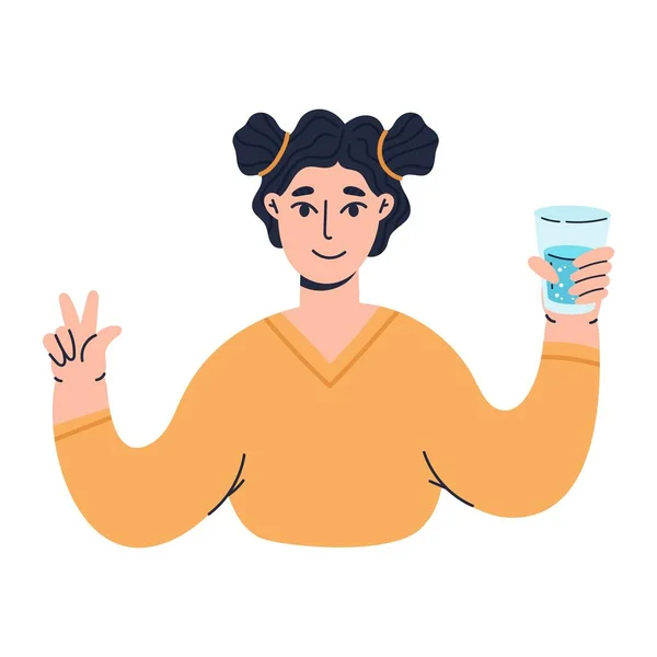 Chica feliz mostrando gestos positivos con un vaso de agua. Balance de agua. Ilustración vectorial plana de color aislada sobre fondo blanco — Archivo Imágenes Vectoriales