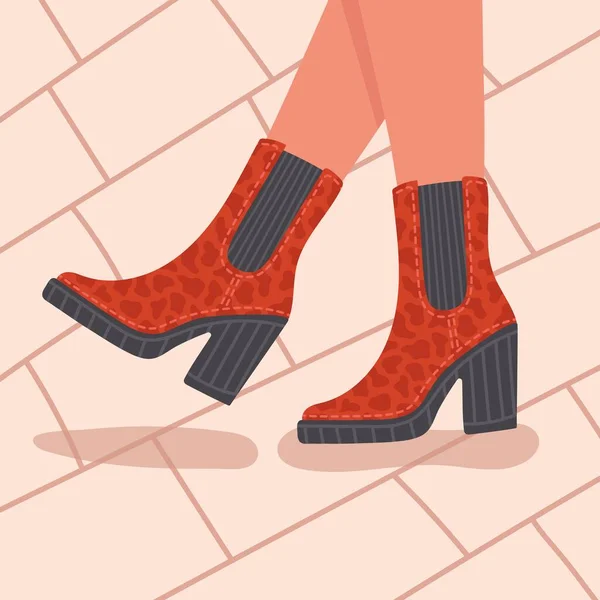 Beine mit modischen Stiefeln, die auf der Straße laufen. Vektorflache Illustration — Stockvektor