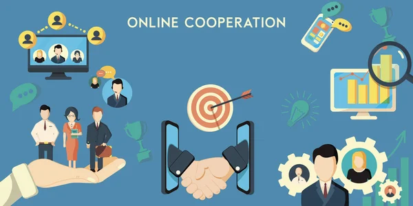 Banner orizzontale di cooperazione online elementi decorativi piatto illustrazione vettoriale — Vettoriale Stock