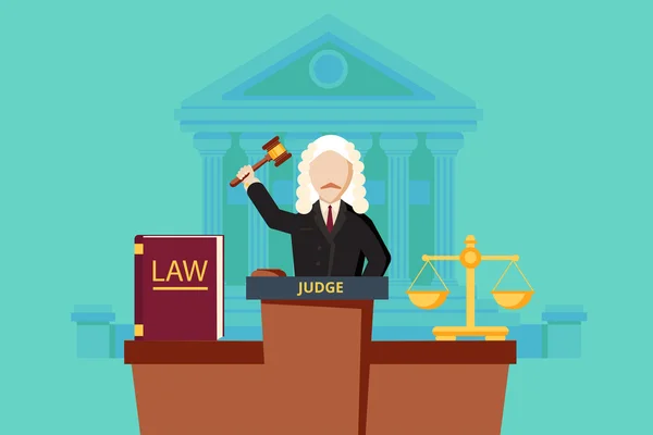 Concepto de ley con juez y edificio judicial . — Archivo Imágenes Vectoriales