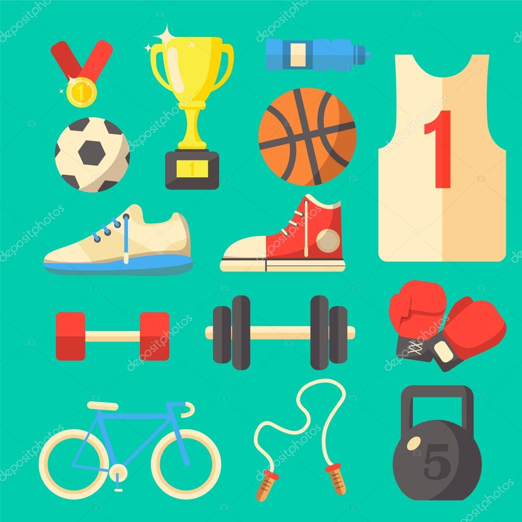 Sport equipment flat vector illustrations set. Fitness Stock