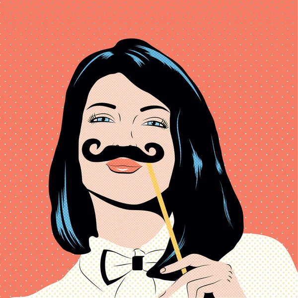 Pop art illüstrasyon bıyık maskesi tutan kızla.