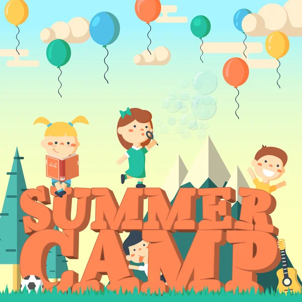 Campamento de verano volante vector illustration.Fun niños jugando al aire libre . — Vector de stock