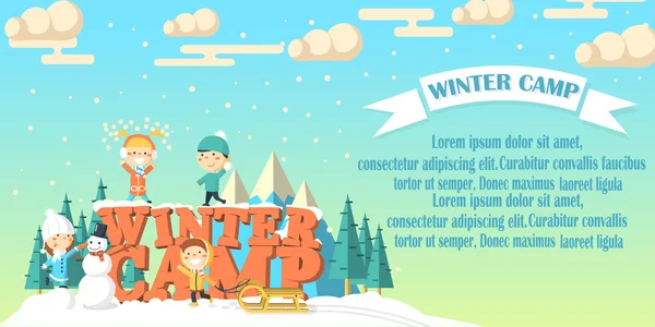 Banner de campamento de invierno con niños — Vector de stock