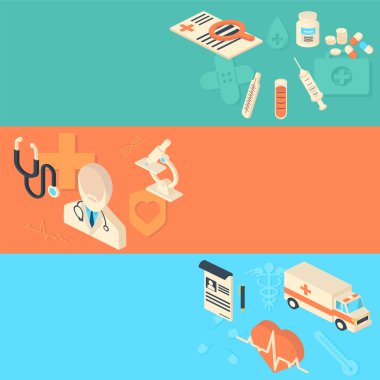 Tıbbi araştırma, sağlık için düz izometrik afişler