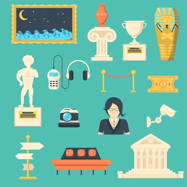 Museum vector icons set met beeldhouwkunst, antiek en cultuur symbolen — Stockvector