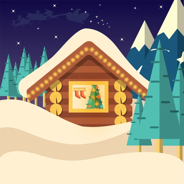 Ilustración del vector de fondo de Nochebuena con casa y santa claus . — Vector de stock