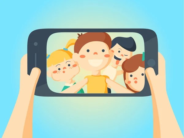 Gente tomando selfie. Amigos y novias Niños haciendo fotos — Vector de stock