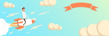 Roket - başarı concet yatay banner Web sayfası üzerinde uçan iş adamı