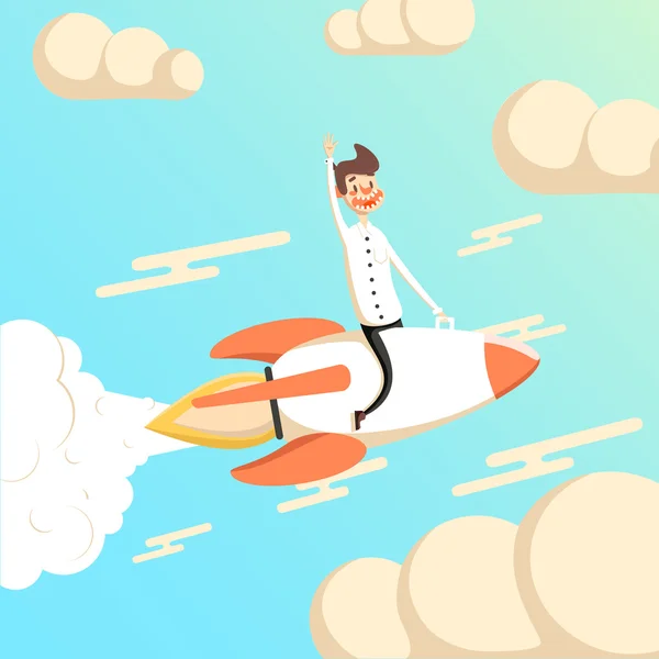 Rocket y hombre de negocios vuelan en el cielo concepto de puesta en marcha . — Vector de stock