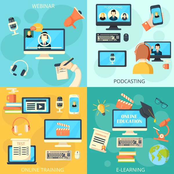 Podcasting és a webinar koncepció — Stock Vector