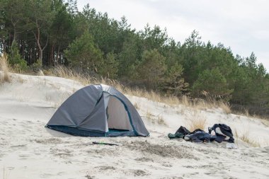 Baltık Denizi 'nin kumlu sahilinde bir çadır manzarası