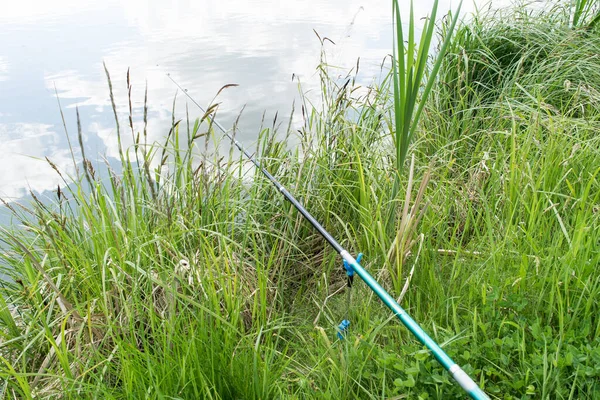 Blick Auf Angelruten Die Gras See Liegen — Stockfoto