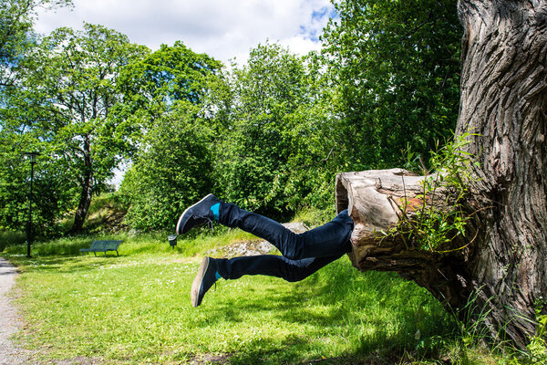 Молодой человек выглядит так, будто его съедает большое дерево в парке.

